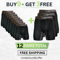 The Perfect Underwear bamboo boxer briefs bundle in black, showing a 12-pack offer with multiple pairs displayed.