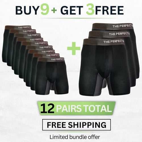 The Perfect Underwear bamboo boxer briefs bundle in black, showing a 12-pack offer with multiple pairs displayed.