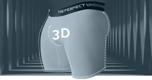 The Perfect Underwear bamboo boxer briefs with a 3D pouch illustration, showing a grey underwear silhouette highlighting the contoured pouch design.