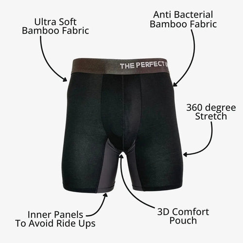 The Perfect Underwear bamboo boxer briefs in black, showing a front view with callouts highlighting fabric, stretch, pouch, and anti-ride-up panels.