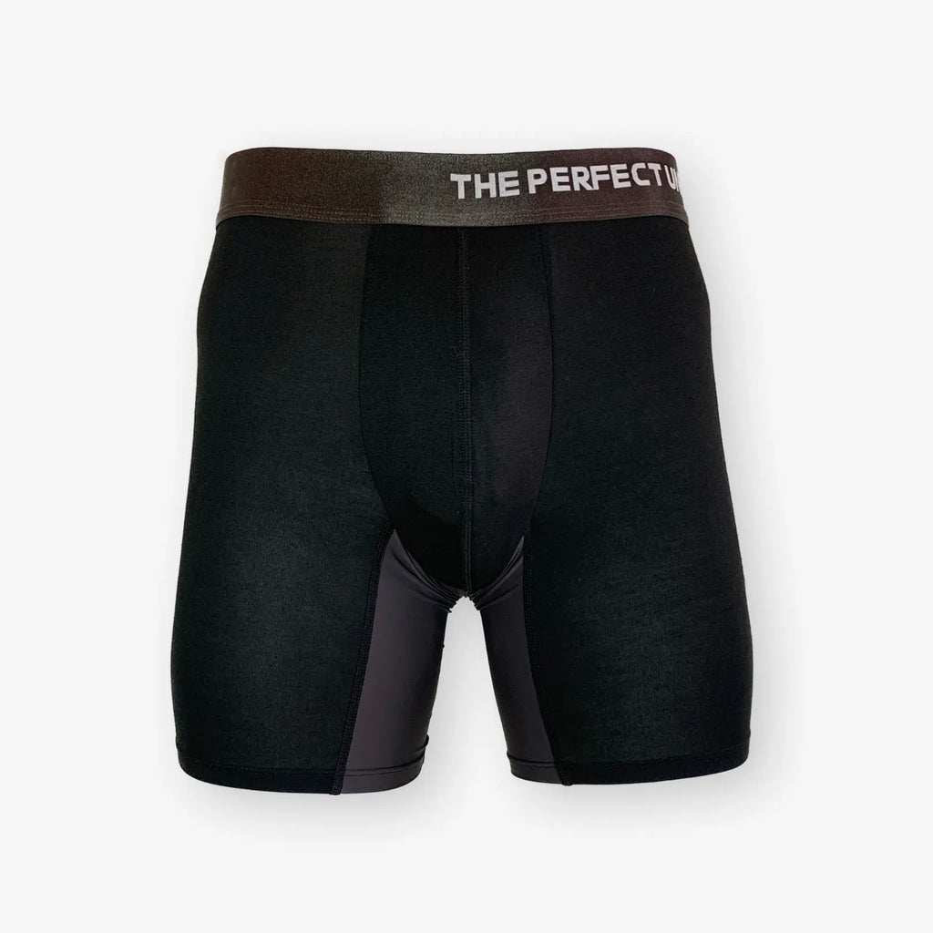 The Perfect Underwear bamboo boxer briefs in black, showing a clean front product view with waistband and contoured pouch.