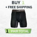 The Perfect Underwear bamboo boxer briefs in black, showing a single pair on a clean background with a buy one free shipping offer.