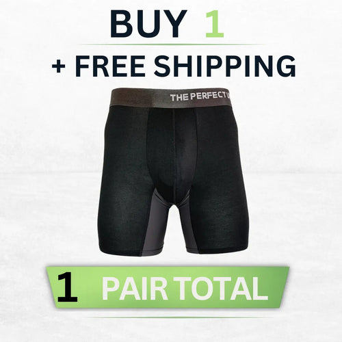 The Perfect Underwear bamboo boxer briefs in black, showing a single pair on a clean background with a buy one free shipping offer.