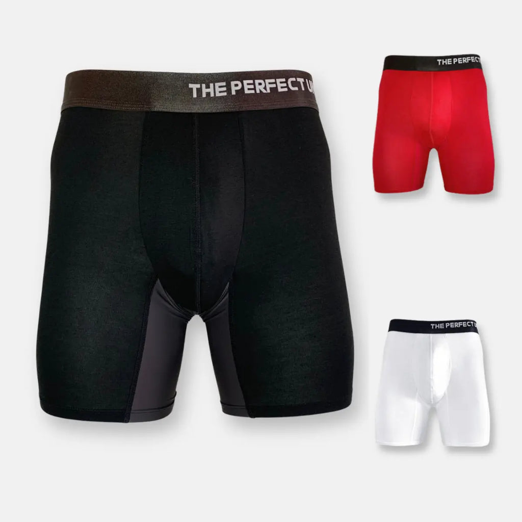 The Perfect Underwear bamboo boxer briefs, showing a front view with black, red, and white color variants.