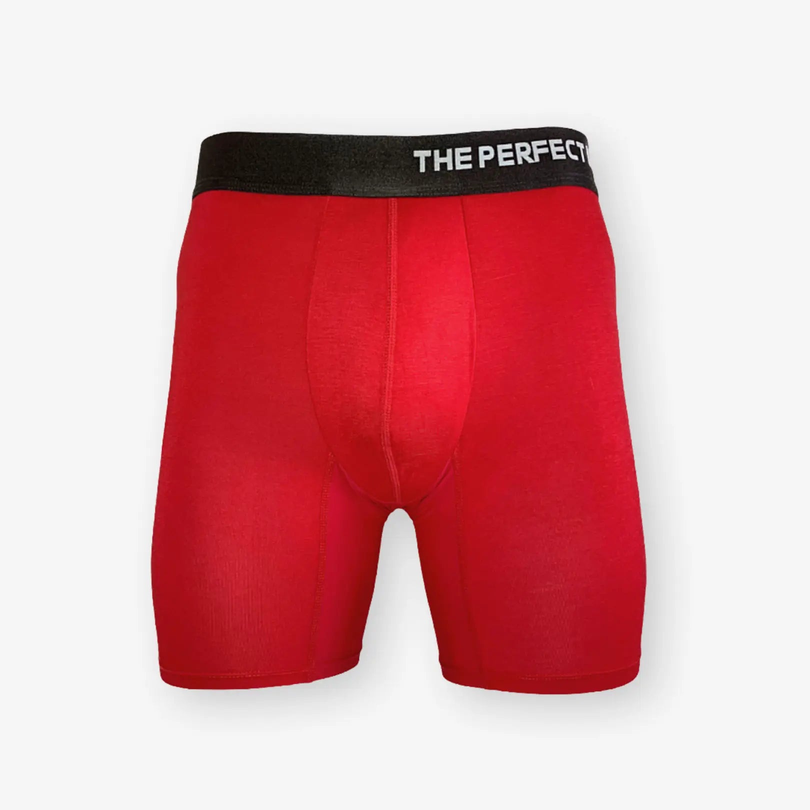The Perfect Underwear bamboo boxer briefs in red, showing a clean front product view with waistband and contoured pouch.
