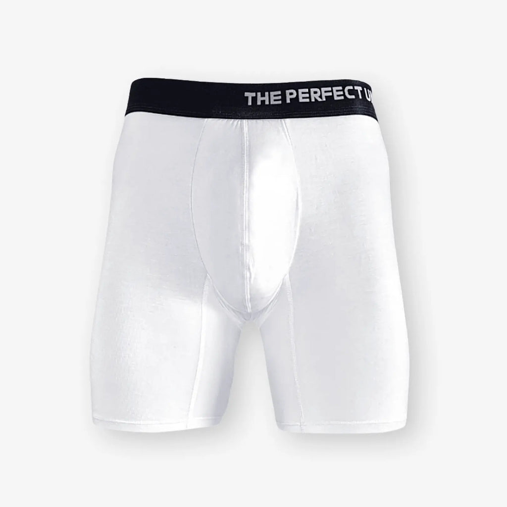 The Perfect Underwear bamboo boxer briefs in white, showing a clean front product view with waistband and contoured pouch.