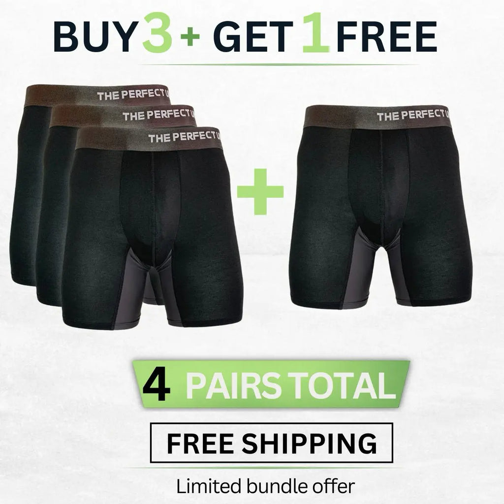 The Perfect Underwear bamboo boxer briefs in black bundle, showing four pairs with buy 3 get 1 free promotional text.