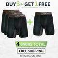 The Perfect Underwear bamboo boxer briefs in black bundle, showing four pairs with buy 3 get 1 free promotional text.