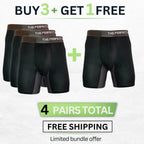 The Perfect Underwear bamboo boxer briefs in black bundle, showing four pairs with buy 3 get 1 free promotional text.