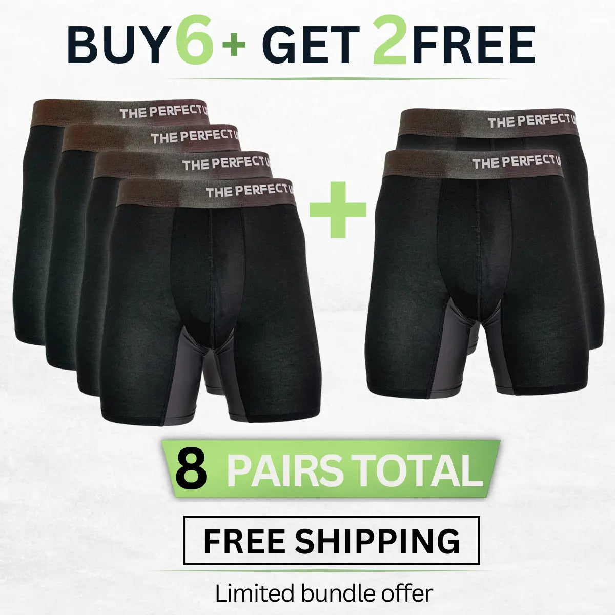 The Perfect Underwear bamboo boxer briefs in black bundle, showing eight pairs with buy 6 get 2 free promotional text.